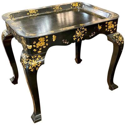 Vintage English Black Lacquered and Hand Painted Side Table
