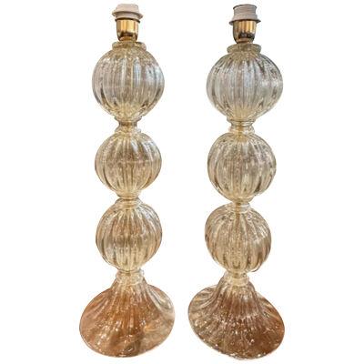 Pair of Modern Gold Murano Glass Ball Form Lamps