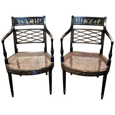Pair of Vintage English Regency Style Neo-Classical Painted Armchairs