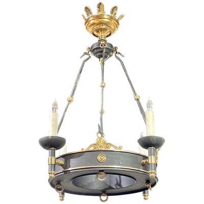 Antique French Empire Style Tole and Gilt Brass 4 Light Chandelier