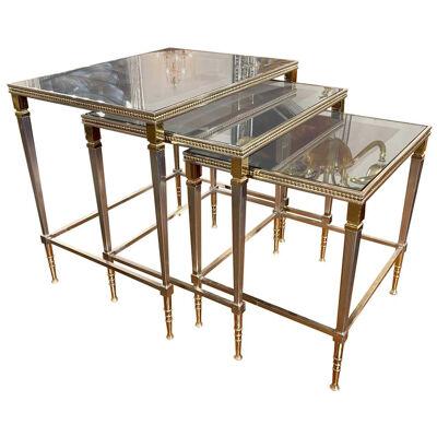 Set of French Polished Steel and Brass Nesting Tables