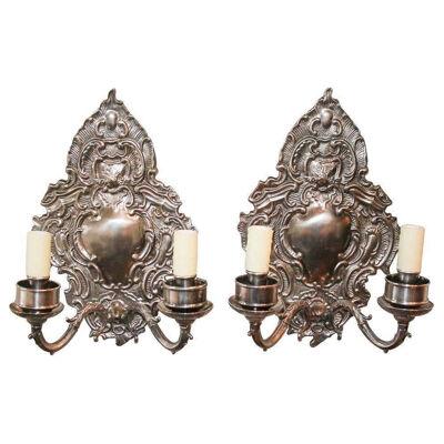 Heavyweight Pair of Nickel-Plated Sconces