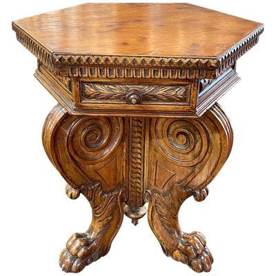 19th Century Italian Carved Walnut Hexagonal Side Table