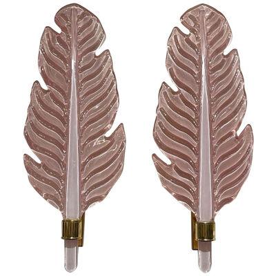 Pair of Pink Murano Glass and Brass Leaf Form Wall Sconces