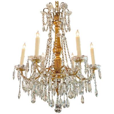 19th Century Italian GIltwood and Beaded Crystal Chandelier with 6 Lights