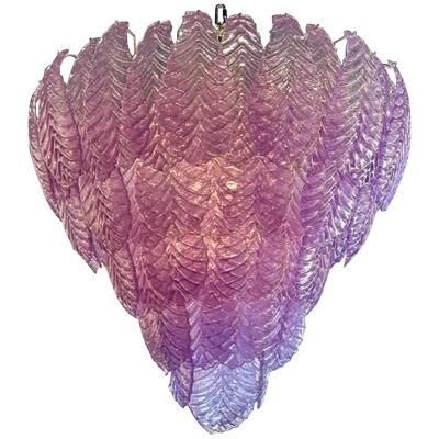 Large Scale Murano Fuchsia Colored Leaf Form Waterfall Chandelier
