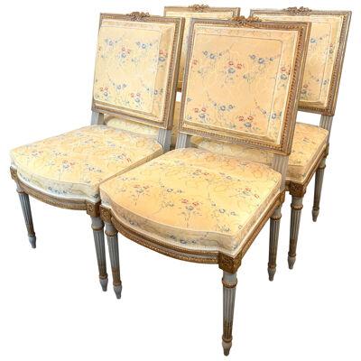 Set of 4 French Louis XVI Silk Upholstered Side Chairs