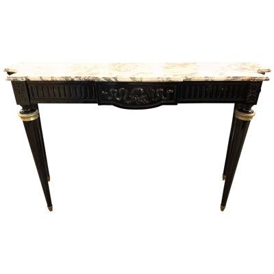 French Louis XVI Black Lacquered Console with Brass Details and Marble Top