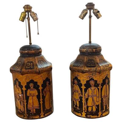 Pair of Antique English Painted Tea Can Lamps