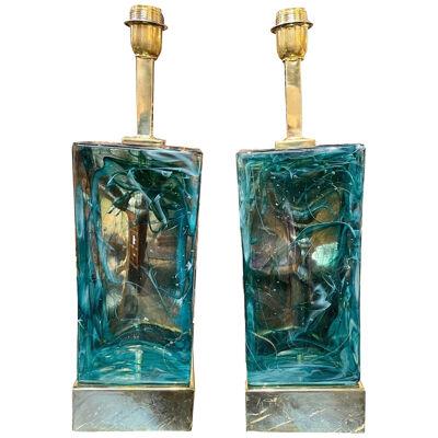 Murano Glass and Brass Block Form Lamps