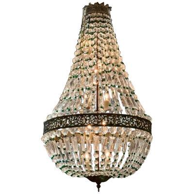 Vintage French Beaded Crystal Basket Chandelier with Green Beads