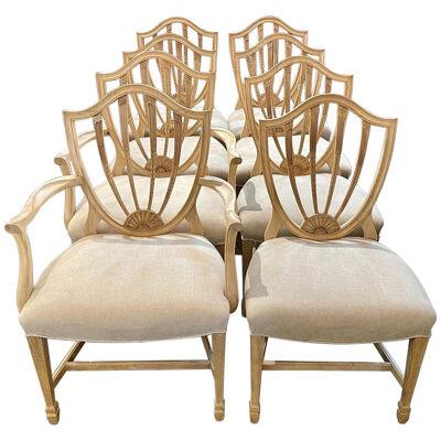 Set of 8 Antique English Bleached Mahogany Shield Back Dining Chairs