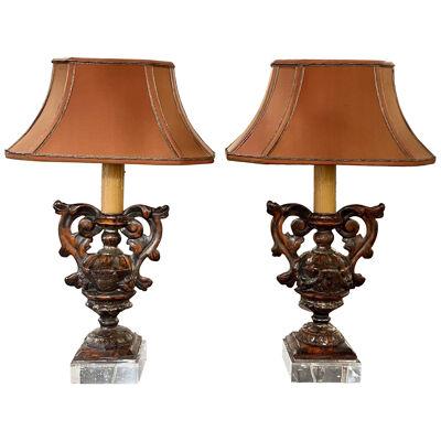 Pair of 18th Century Italian Carved and Polychromed Wood Urn Lamps