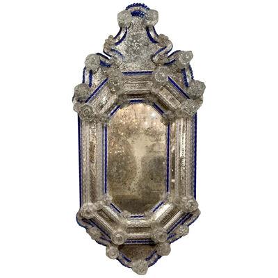 19th Century Venetian Etched Glass Mirror with Blue Borders
