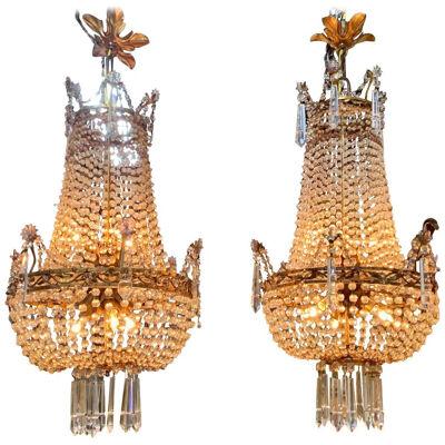 Pair of 19th Century French Beaded Crystal and Amethyst Chandeliers