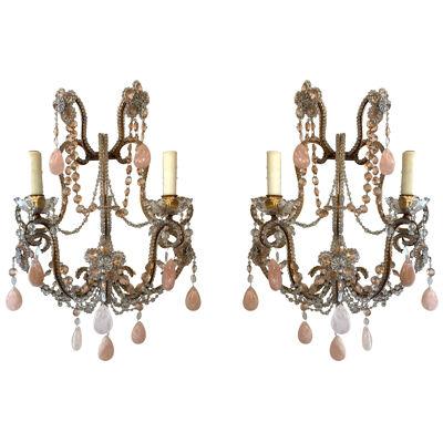 Pair of 19th Century French Beaded Crystal and Rose Quartz Sconces