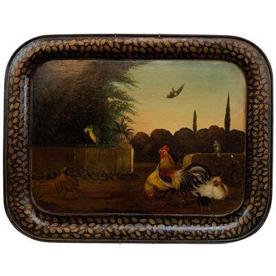 19th Century English Painted Tole Tray with Roosters