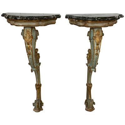 Italian Carved and Painted Marble Topped Wall Consoles