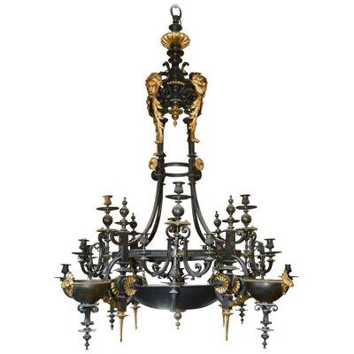 French Black Iron and Gilt Bronze 20 Light Chandelier