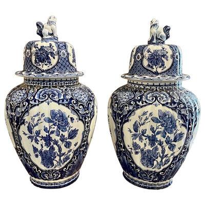 Pair of Delft Blue Porcelain Lidded Vases