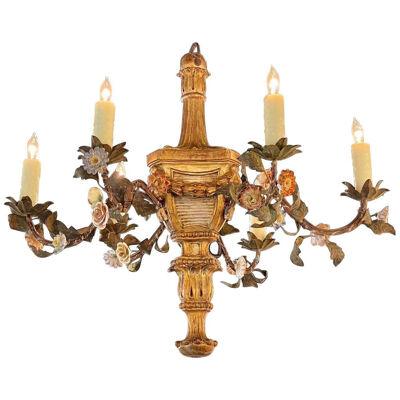 19th Century Italian Giltwood and Iron Chandelier with Porcelain Flowers