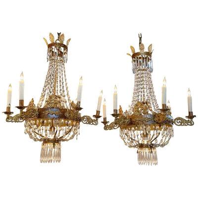 Pair of 18th Century French Empire Gilt Iron and Crystal Basket Chandeliers