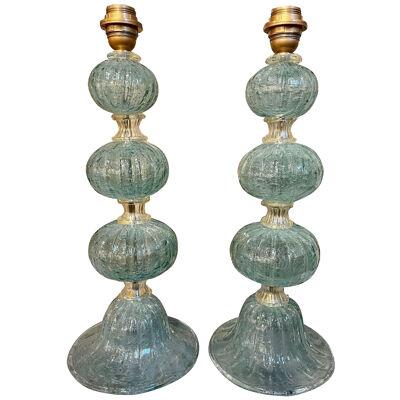 Pair of Modern Aqua Murano Ball Form Lamps
