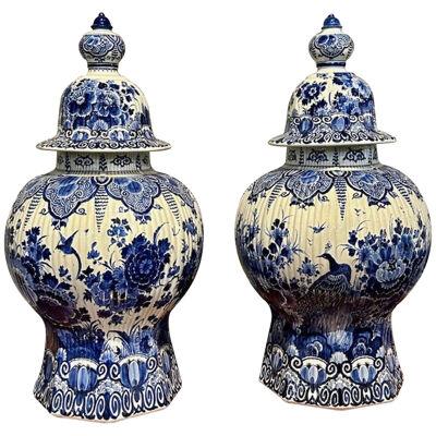 Antique Pair of Delft Blue Porcelain Lidded Vases