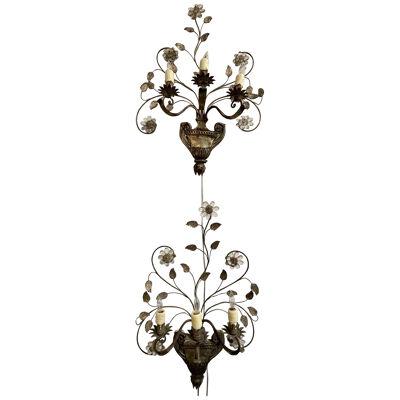 Pair of Vintage French Maison Bagues Tole and Crystal Sconces