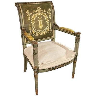 19th Century Italian Neo Classical Carved and Painted Arm Chair