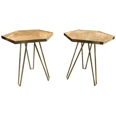 Pair of Italian Made Brass and Onyx Hexagonal Side Tables