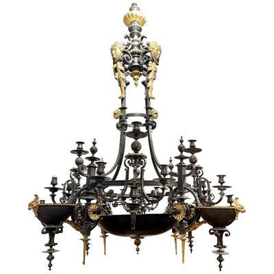 Antique French Painted Iron and Gilt Bronze 20 Light Chandelier