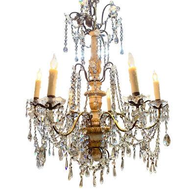 19th Century Italian 6-Light Carved a Parcel-Gilt Wood Chandelier with Crystals