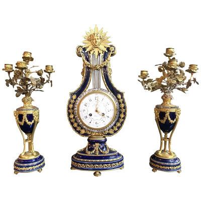French Parisian Cobalt Porcelain and Gilt Bronze 3 Piece Clock Set