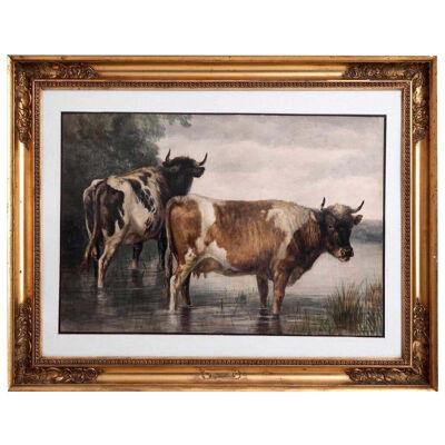 19th Century English Watercolor of Cows By Thomas S. Cooper