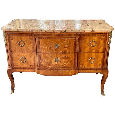 19th Century French Marquetry Inlaid Commode with Breccia Marble Top