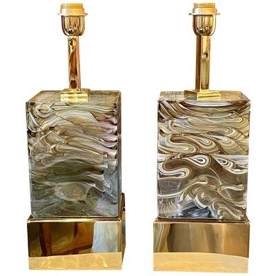 Pair of Modern Tan and White Swirled Murano Glass and Brass Lamps