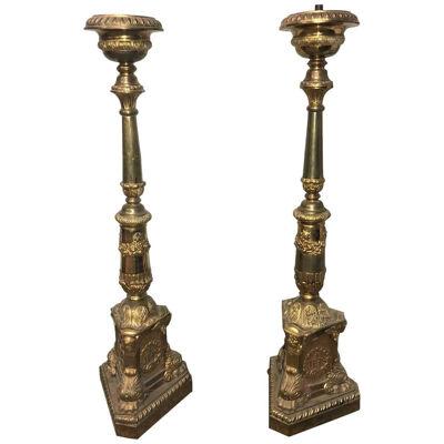 19th Century Pair of French Brass Cathedral Candlesticks
