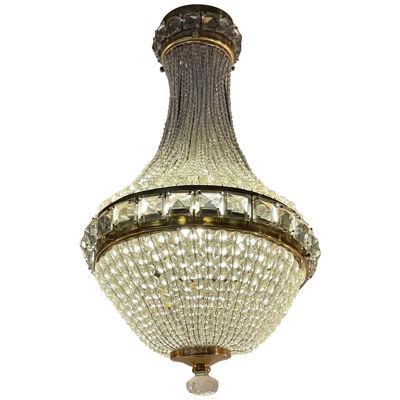 Italian Mid Century Beaded Crystal and Brass Pendant Light