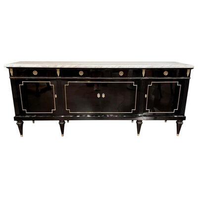 French Jansen Style Black Lacquered Sideboard with Brass Trim and a Marble Top