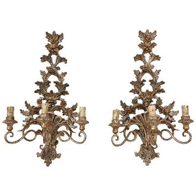 Pair of Antique Italian Carved and Polychromed Wood 3 Arm Chandeliers