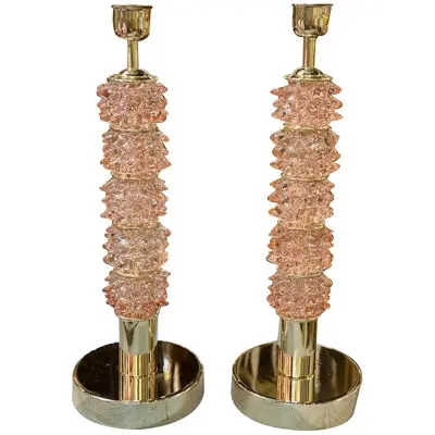 Pair of Modern Pink Glass and Brass "Rosti" Lamps