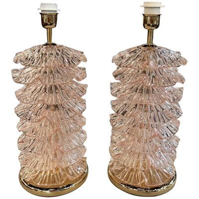 Decorative Pair of Pink Murano brass "Ruffle" Lamps