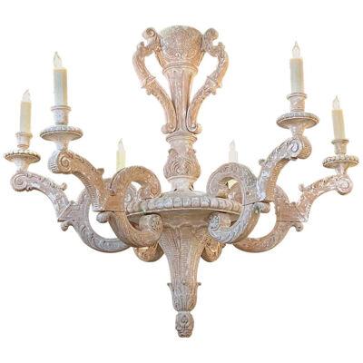 19th Century French Carved and White Washed 6 Light Chandelier