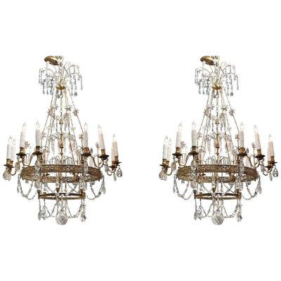 Pair of 19th Century Italian Gilt Bronze and Crystal 12 Light Chandeliers