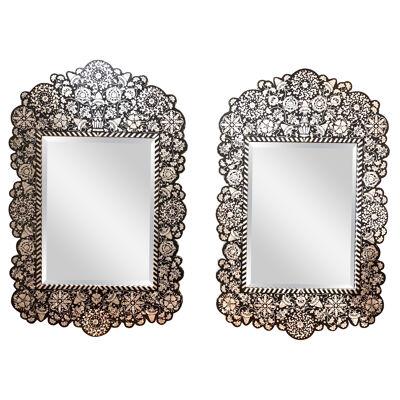 Pair of Antique Ebony and Mother of Pearl Inlaid Mirrors