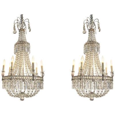 Pair of 19th Century Swedish Beaded Crystal Basket Form Chandeliers