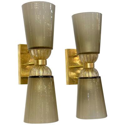 Pair of Modern Murano Glass and Brass Double Cone Sconces