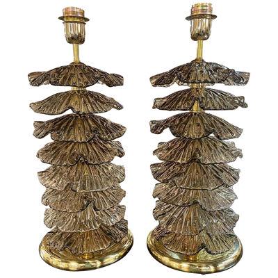 Pair of Modern Layered Murano Glass and Brass Lamps
