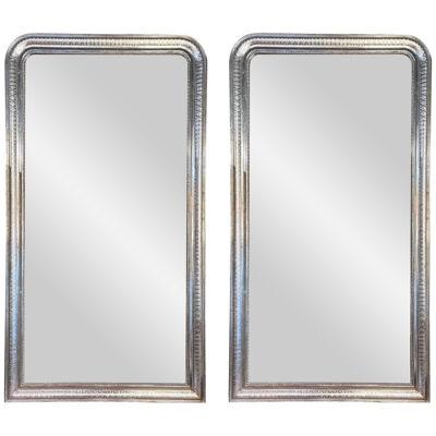 Pair of Large Scale Silver Leaf Louis Philippe Mirrors with X Pattern